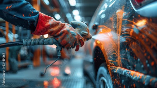Worker using a paint spray gun to apply a smooth coat on a car in a professional auto body shop, paint particles suspended in the air photo