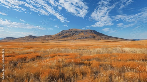 photo of a view of a rocky mountain like in Montana, America or a view of sand hills in Africa with orange grass grasslands and a bright blue, cloudy sky photo