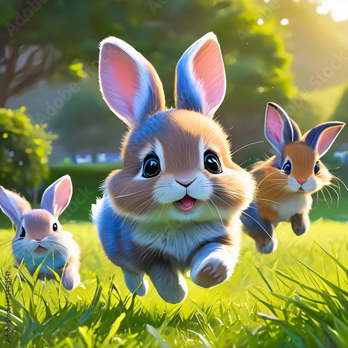 풀밭에서 뛰어노는 귀여운 아기 토끼들