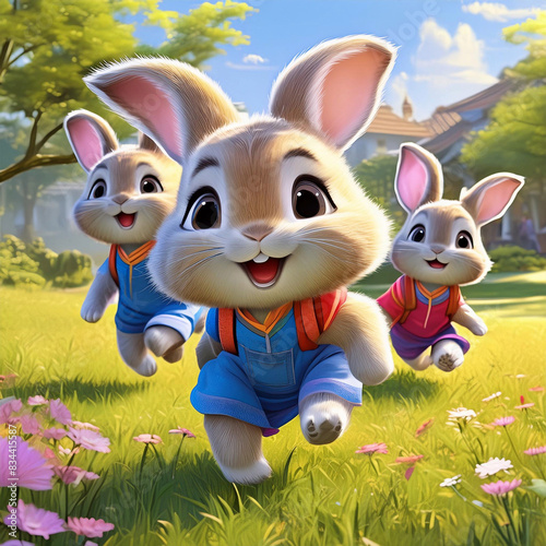 풀밭에서 뛰어노는 귀여운 아기 토끼들