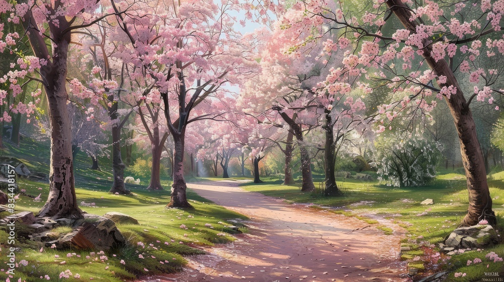 Naklejka premium Beautiful Cherry Trees in Blossom Along a Serpentine Garden Path in Spring