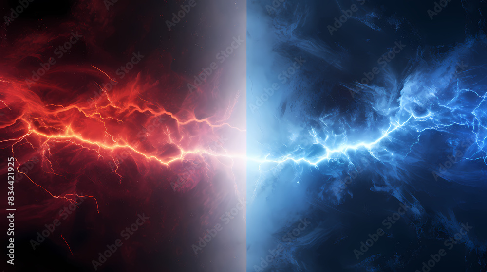 Red and blue energy beams collide in mid-air Red and blue energy beams collide in mid-air