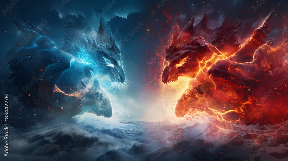 Red and blue energy beams collide in mid-air Red and blue energy beams collide in mid-air