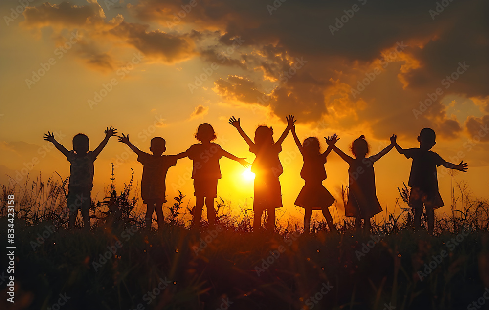 Silhouette back refugee kid group praying and worshiping, symbolizing hope, freedom, and diverse faith. Suitable for world kids day events and international solidarity. Silhouette back refugee kid group praying and worshiping, symbolizing hope, freedom, and diverse faith. Suitable for world kids day events and international solidarity.