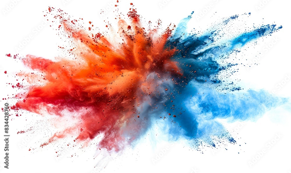 Dynamic Explosion of Vibrant Red and Blue Powder Colors on a White Background, Capturing the Energy and Movement of Colorful Dust in a High-Speed Photography Shot Dynamic Explosion of Vibrant Red and Blue Powder Colors on a White Background, Capturing the Energy and Movement of Colorful Dust in a High-Speed Photography Shot