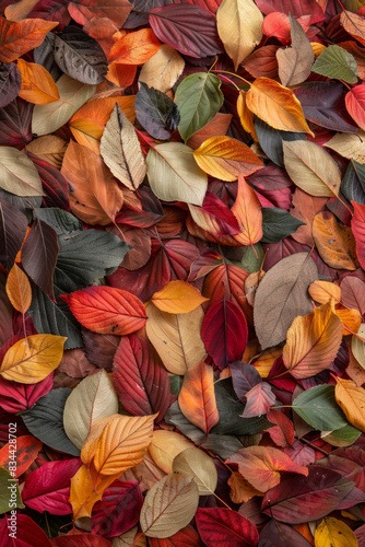 A thick layer of autumn leaves in various stages of color change  filling the entire frame. The leaves exhibit rich hues of red  orange  yellow  and brown.