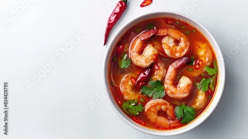 Top view of tom yum soup, a traditional Thai dish, isolated on a white background showcases its vibrant colors and flavors