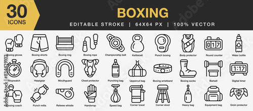Set of 30 Boxing icon set. Editable Stroke Icon Collection. Includes handwrap, heavy bag, gloves, headgear, body protector and More. Outline icons vector collection.