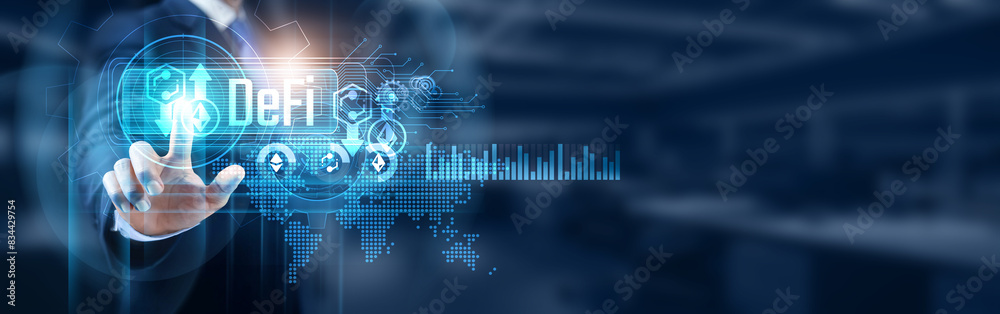 Businessman touching DeFi network connection, data decentralization, and smart contract execution concept. Embracing blockchain technology for efficient, transparent, and secure financial transactions