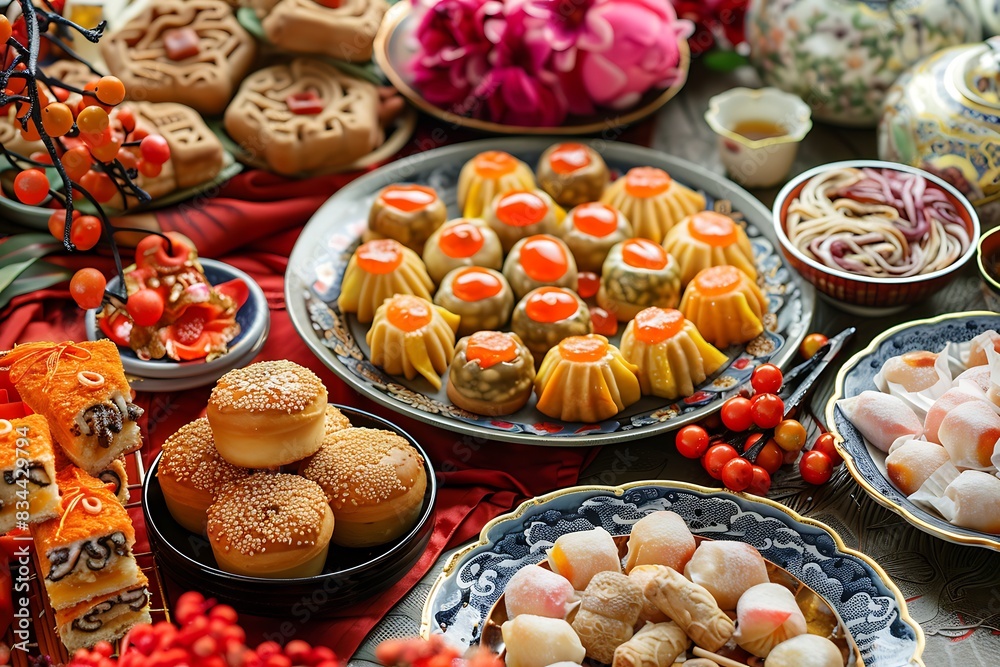 Traditional Chinese New Year pastries and sweets arranged on a table Traditional Chinese New Year pastries and sweets arranged on a table
