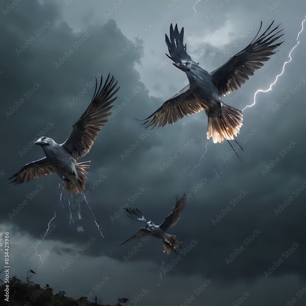 Fototapeta premium a three birds flying in the sky with a lightning bolt