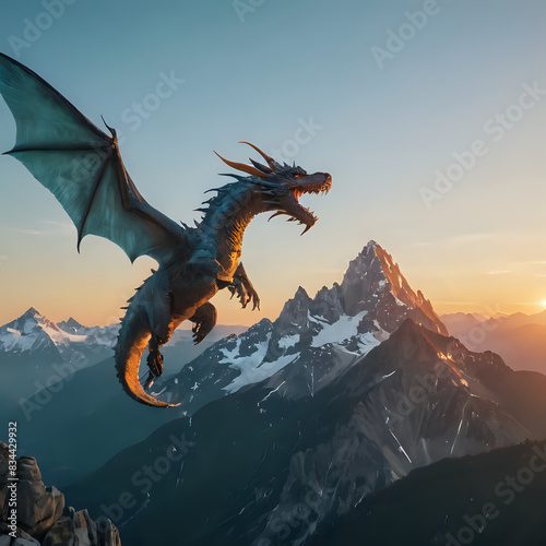 a dragon flying over a mountain with a sunset in the background