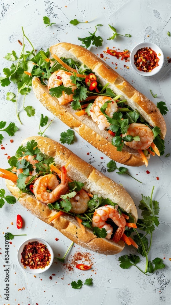 A Vietnamese banh mi, captured from above against a white backdrop, exemplifies culinary artistry A Vietnamese banh mi, captured from above against a white backdrop, exemplifies culinary artistry