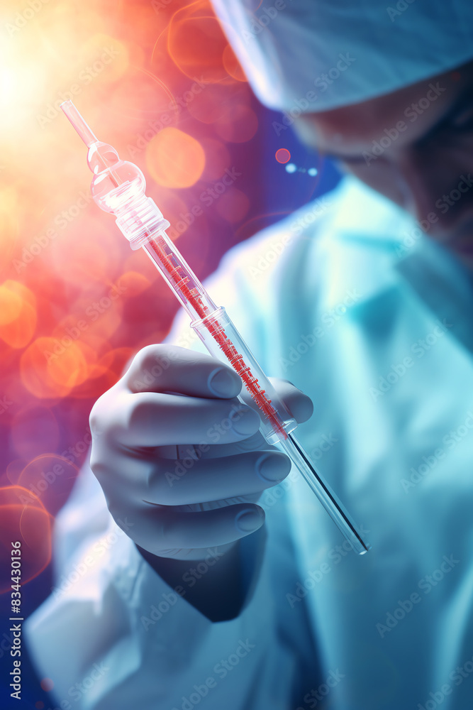 Scientist holding a syringe with a focus on the needle in a lab environment, symbolizing medical research and innovation with bright light effects. Scientist holding a syringe with a focus on the needle in a lab environment, symbolizing medical research and innovation with bright light effects.