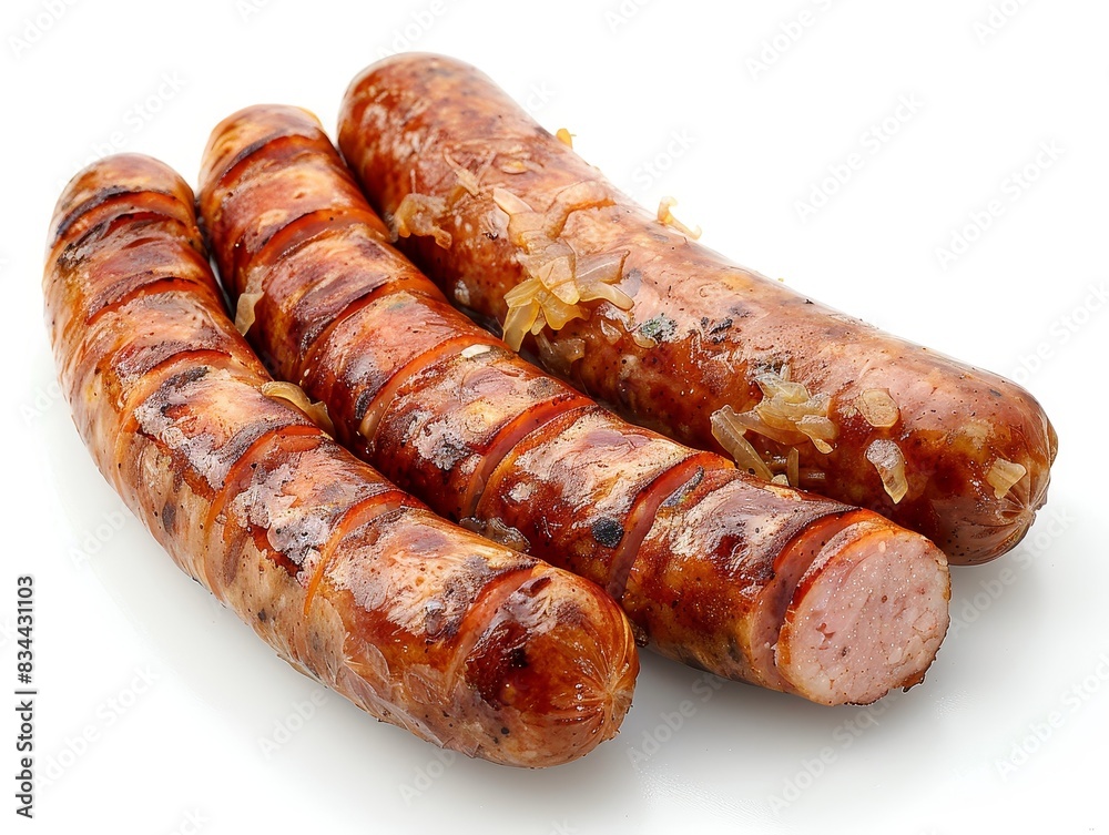 Bratwurst with sauerkraut from Germany, seen from above on a white backdrop Bratwurst with sauerkraut from Germany, seen from above on a white backdrop