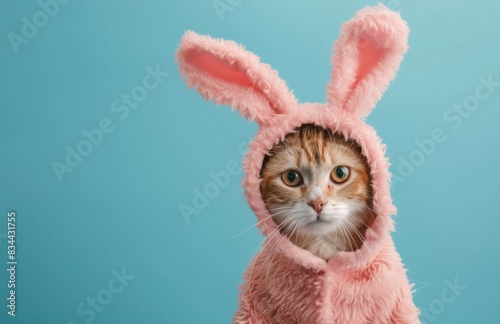 Cute cat wearing bunny costume isolated on blue background