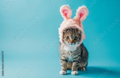 Cute cat wearing bunny costume isolated on blue background photo