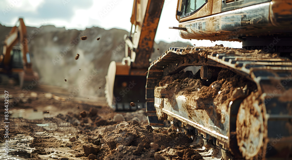 Fototapeta premium Excavator working at construction site with dirt and debris. visible wear marks, industrial work environment, excavator action, construction project, earthy tones, industrial scene, excavator action