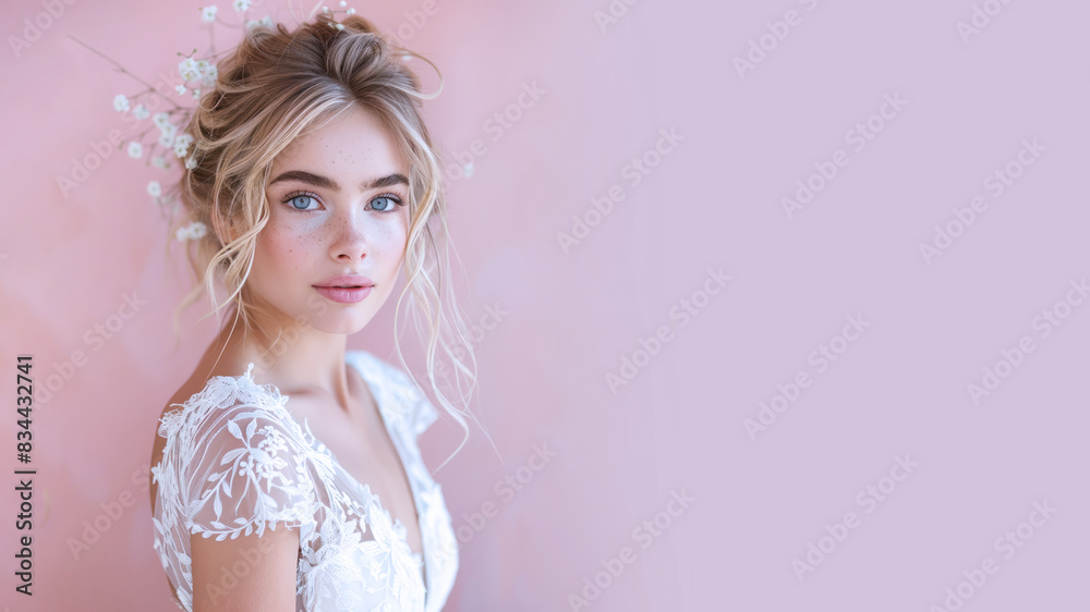 Caucasian bride in gown bridal dress smiling prepare for wedding celebration Caucasian bride in gown bridal dress smiling prepare for wedding celebration