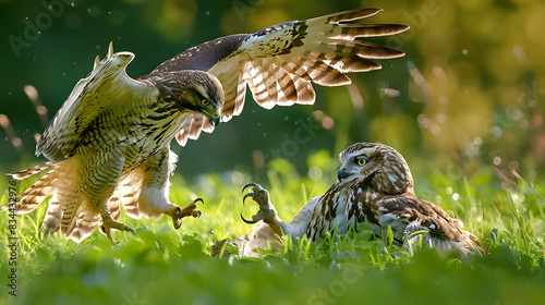 Two birds fighting over prey in grass. Perfect for illustrating competition, conflict, nature, wildlife, bird behavior concepts in designs.