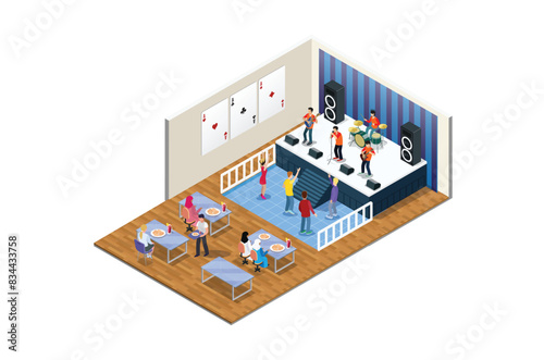 Isometric Music live, with indoor view of dancefloor stage and dancing people vector illustration
