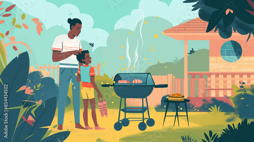 An arrangement of a father and child grilling together in the backyard, showcasing a fun and bonding activity, grilling together, hd, with copy space, inscription Father's Day