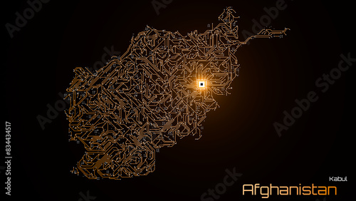 Tableau sur toile Afghanistan, with its capital city of Kabul, is represented as a microchip with a central processing unit