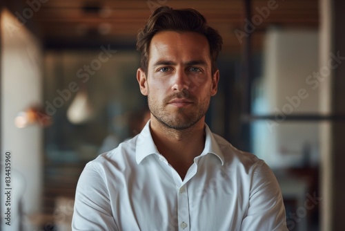 Confident businessman looking at camera talking about company strategy and business plan, explaining corporate success, Generative AI 