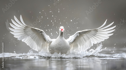Fototapeta Naklejka Na Ścianę i Meble -  Graceful swan with wings spread out floating on water as a symbol of freedom and beauty. Suitable for naturethemed designs, posters, and animal conservation campaigns.