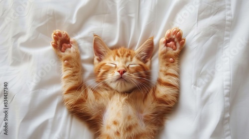 Ginger cat in bed on a white blanket. Relaxing and happy morning.