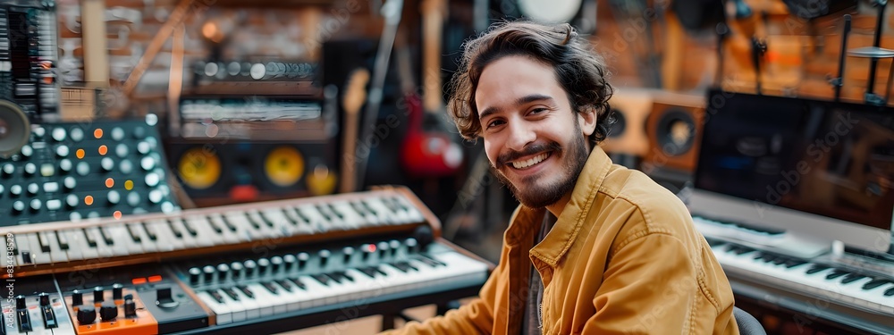 Fototapeta premium Aspiring Young Music Producer Smiles Amid Recording Studio Gear