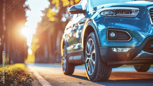  A modern blue SUV driving on the road showcasing automotive design travel and the freedom of the open road.