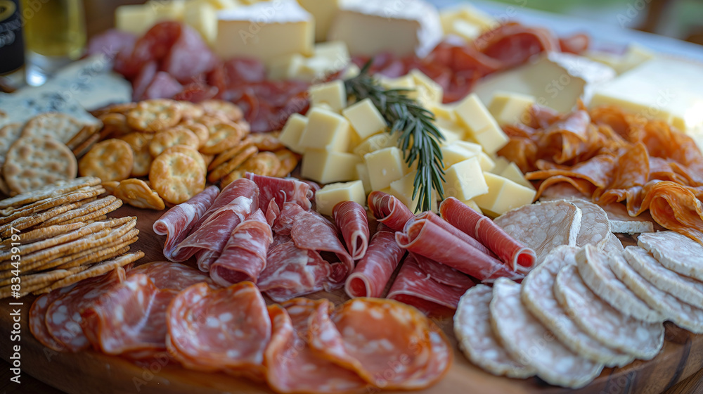 A close-up of a charcuterie board with cheeses, meats, and crackers, highlighting the delicious spread, charcuterie board, hd, with copy space, inscription Picnic Day A close-up of a charcuterie board with cheeses, meats, and crackers, highlighting the delicious spread, charcuterie board, hd, with copy space, inscription Picnic Day