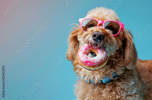 Cute dog wearing sunglasses and a bandana against a blue background for fashionable pet photography and fun themes.