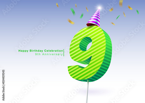 Celebrate 9th anniversary with pastel colored number 9 candles wearing party hats behind scattered colorful ribbons. Use for birthdays, weddings, company anniversaries. Vector illustration file.