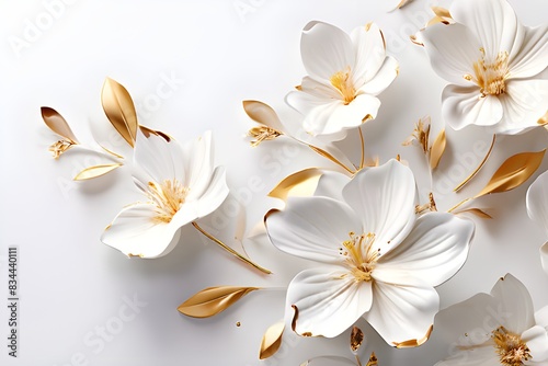 White flowers with golden leaves on white background. White and golden luxury 3d floral background