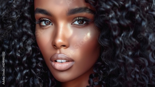 Beautiful hair long curly hairstyle woman with beauty makeup female model portrait. copy space for text.