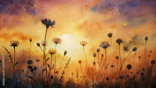 Watercolor background with wildflower silhouettes