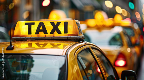 Bright yellow taxi cab in a bustling city street for urban transportation and fast-paced metropolitan life photo