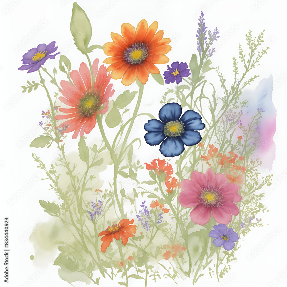 Set watercolor wild flowers, leaves and grass. Collection botanic garden elements. isolated illustration in vintage style Set watercolor wild flowers, leaves and grass. Collection botanic garden elements. isolated illustration in vintage style