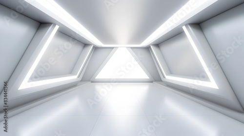 Bright Futuristic Geometric Triangle Tunnel in Minimalist White Interior