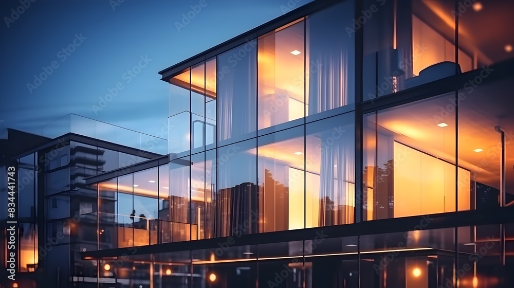 Contemporary Glass-Enclosed Residence Mirroring Vibrant Cityscape with Cozy Illumination