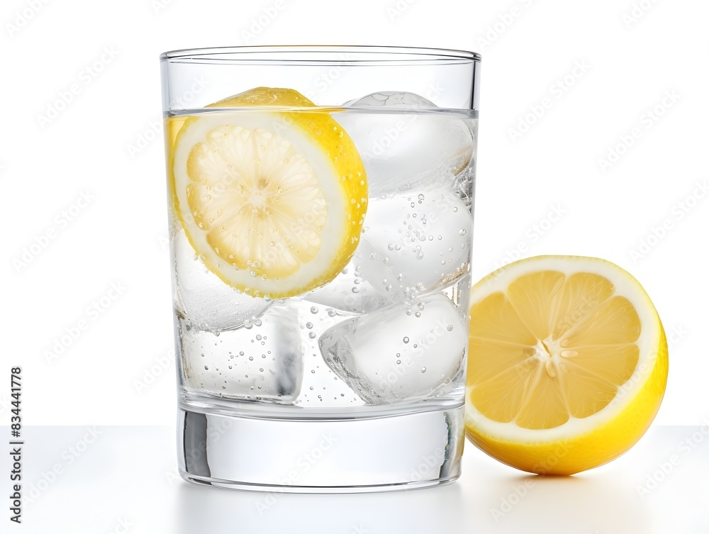 Crystal-clear Glass of Water with Lemon Slice and Ice Cubes,Showcasing Refreshing Purity and for Health and Wellness Crystal-clear Glass of Water with Lemon Slice and Ice Cubes,Showcasing Refreshing Purity and for Health and Wellness