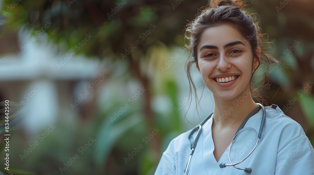 Cheerful Young Nurse Smiling and Posing Outdoors in Nature Cheerful Young Nurse Smiling and Posing Outdoors in Nature
