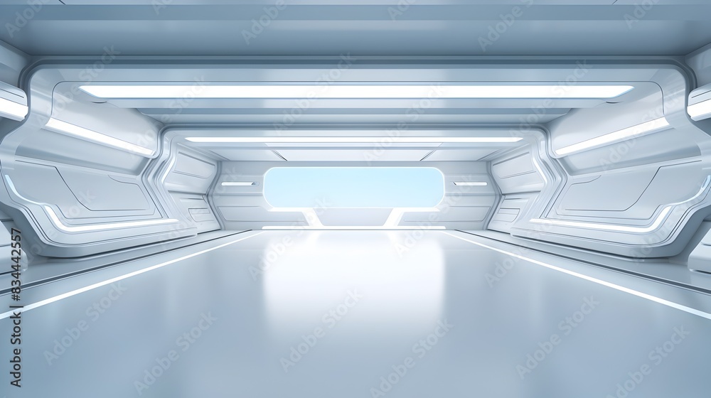 Futuristic Empty Showroom or Spaceship Interior with Minimalist Design and Architectural Features Futuristic Empty Showroom or Spaceship Interior with Minimalist Design and Architectural Features