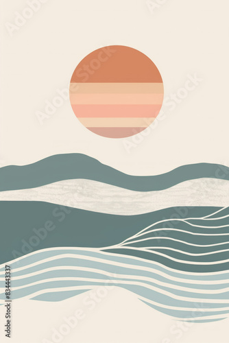 A minimalistic illustration of abstract waves in a single  muted color palette 