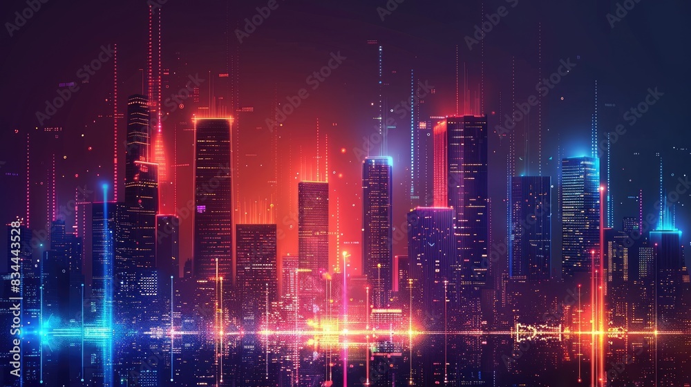 Fototapeta premium Futuristic Cityscape with Neon Lights and Digital Elements in Nighttime Urban Skyline