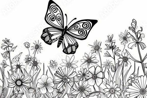 Cartoon cute doodles of a wireframe butterfly fluttering among flowers, Generative AI photo
