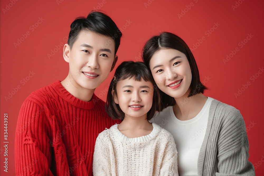 Asian family portrait on red background. Asian family portrait on red background.