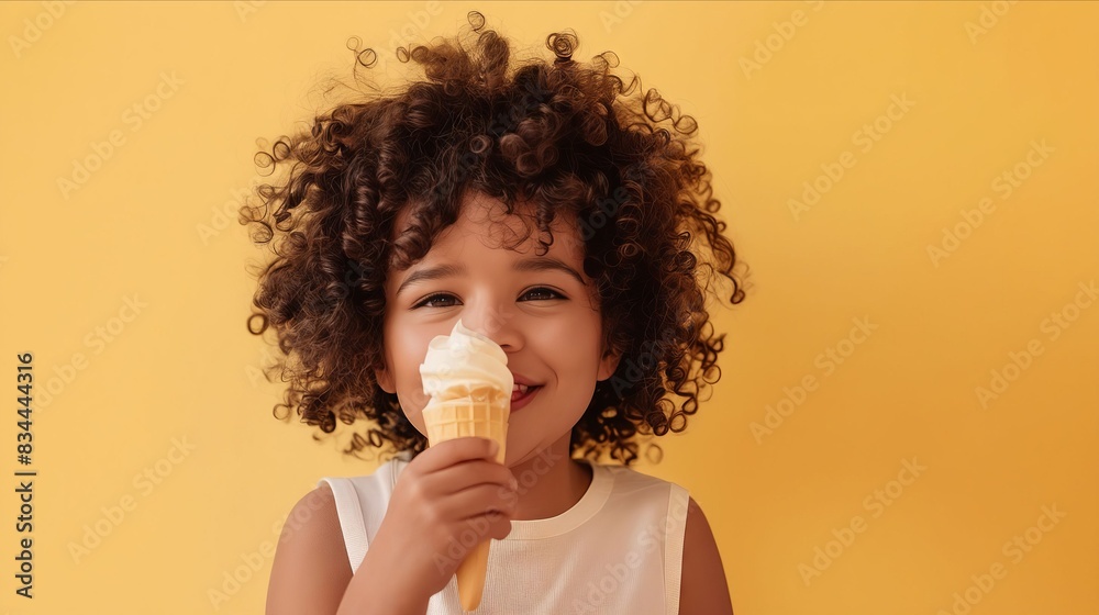 A little girl with curly hair eating an ice cream cone. A little girl with curly hair eating an ice cream cone.